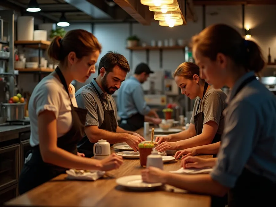 Diverse restaurant team members in collaborative setting or service moment.