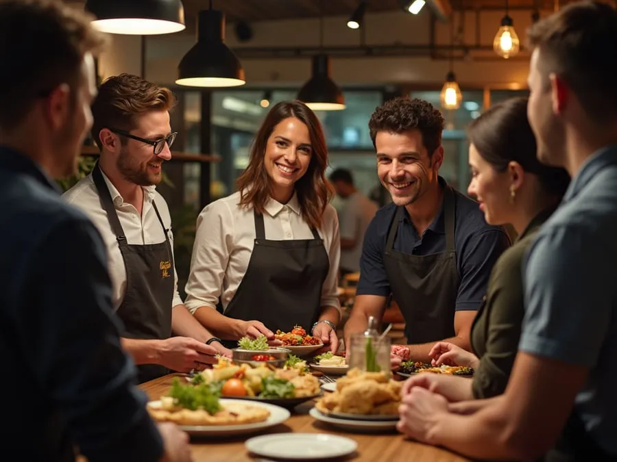 Diverse restaurant team members in collaborative setting or service moment.