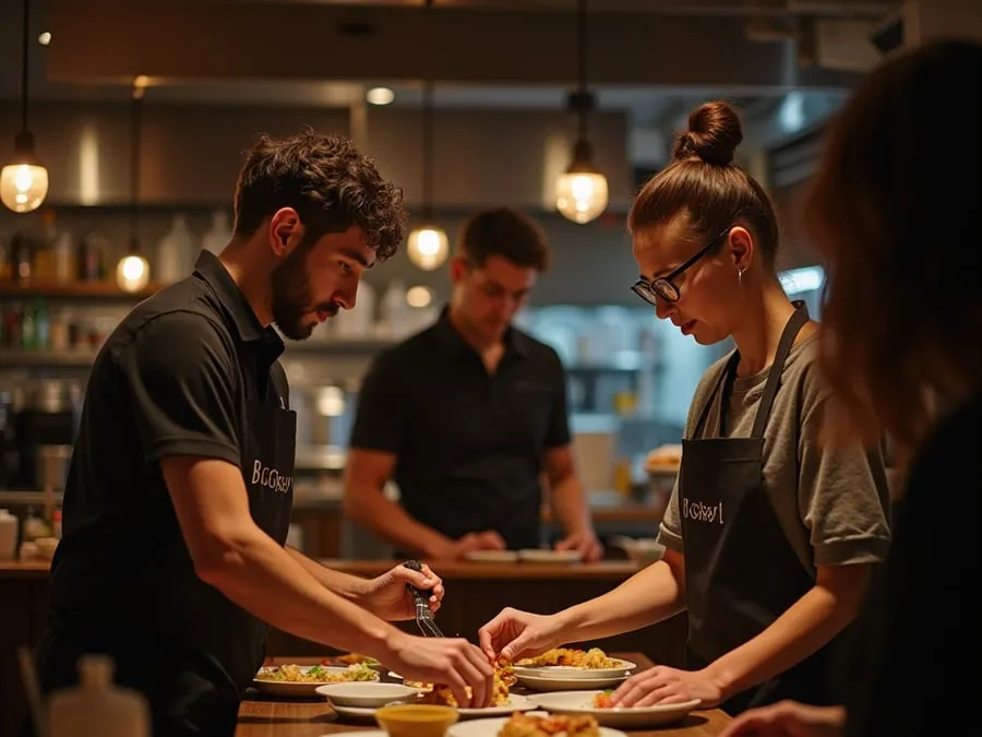 Diverse restaurant team members in collaborative setting or service moment.