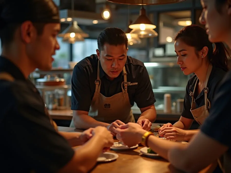 Restaurant team members in branded uniforms or aprons engaged in collaborative w.