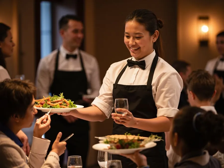 Staff member engaged in attentive service with guests - presenting dishes, refil.