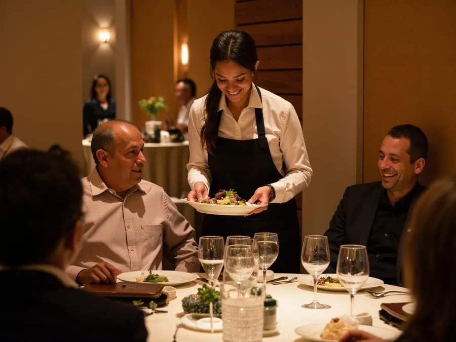 Staff member engaged in attentive service with guests - presenting dishes, refil.