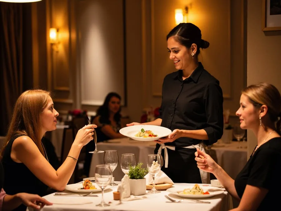Staff member engaged in attentive service with guests - presenting dishes, refil.