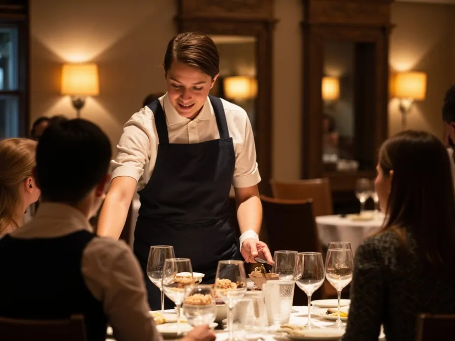 Staff member engaged in attentive service with guests - presenting dishes, refil.