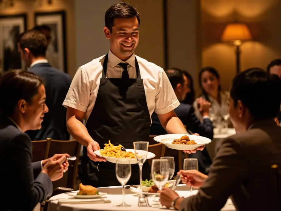 Staff member engaged in attentive service with guests - presenting dishes, refil.