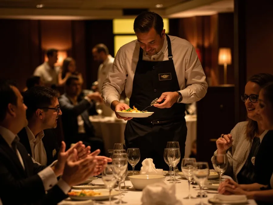 Staff member engaged in attentive service with guests - presenting dishes, refil.