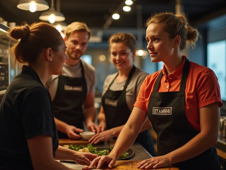Restaurant team members in branded uniforms or aprons engaged in collaborative w.