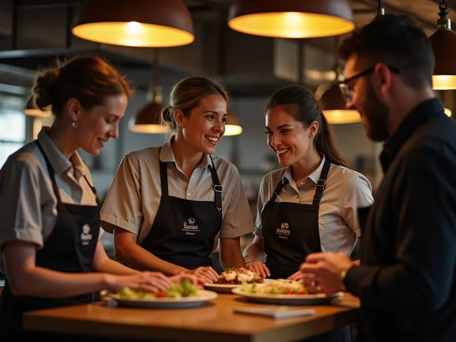Restaurant team members in branded uniforms or aprons engaged in collaborative w.