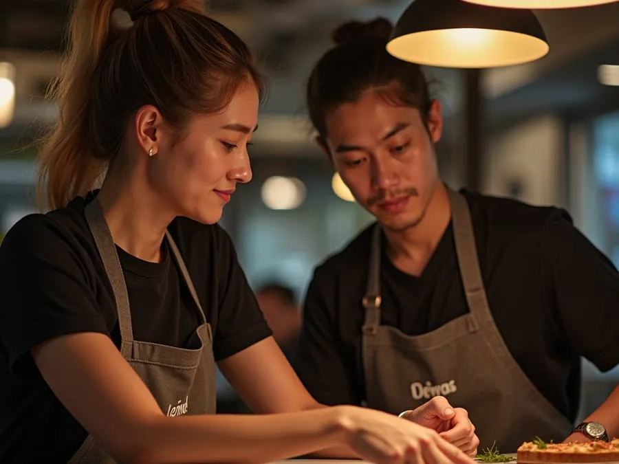 Restaurant team members in branded uniforms or aprons engaged in collaborative w.
