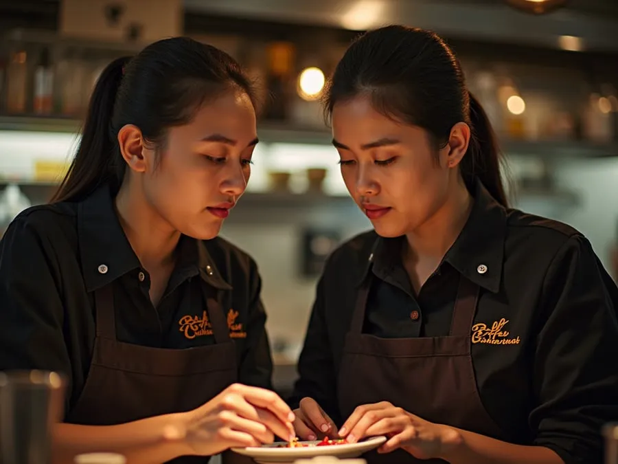 Restaurant team members in branded uniforms or aprons engaged in collaborative w.