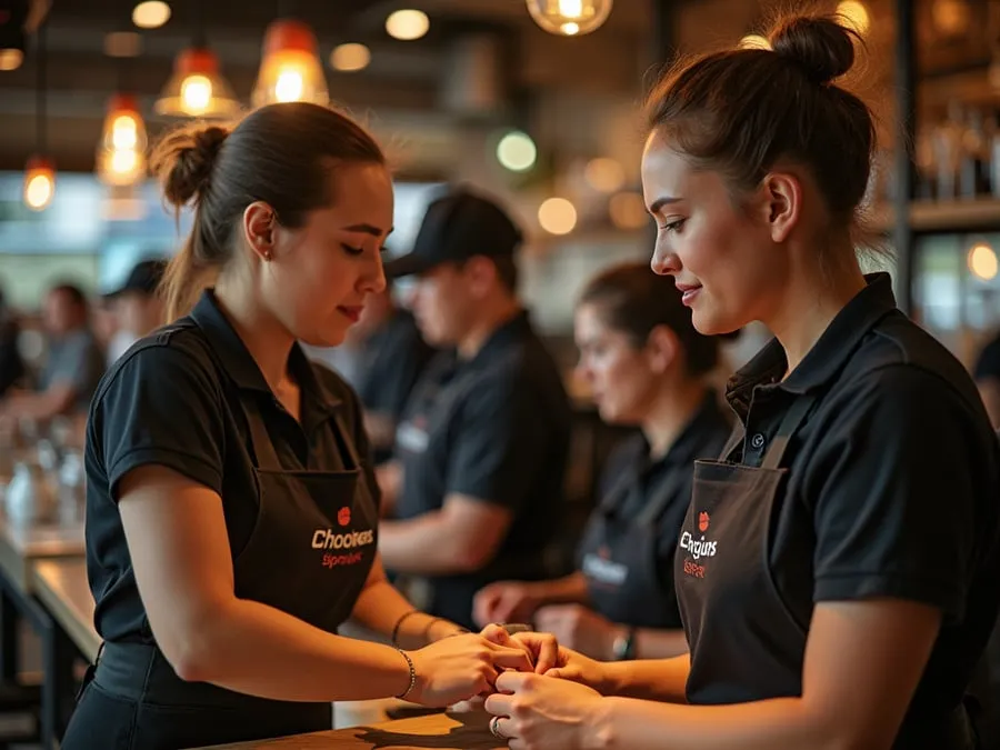 Restaurant team members in branded uniforms or aprons engaged in collaborative w.