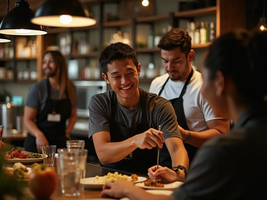 Diverse restaurant team members in collaborative setting or service moment.