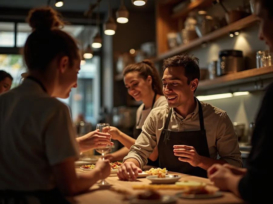 Diverse restaurant team members in collaborative setting or service moment.