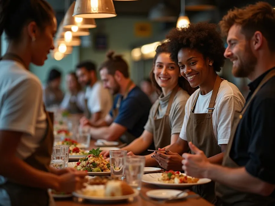 Diverse restaurant team members in collaborative setting or service moment.