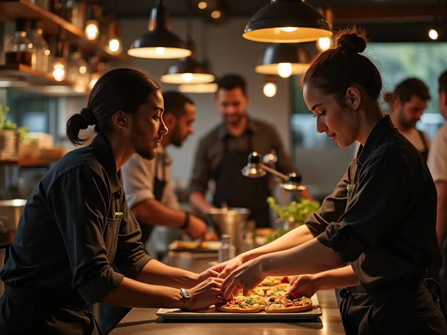 Diverse restaurant team members in collaborative setting or service moment.