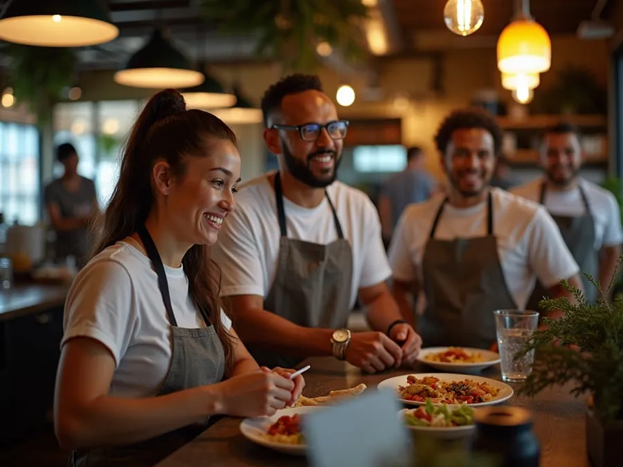Diverse restaurant team members in collaborative setting or service moment.