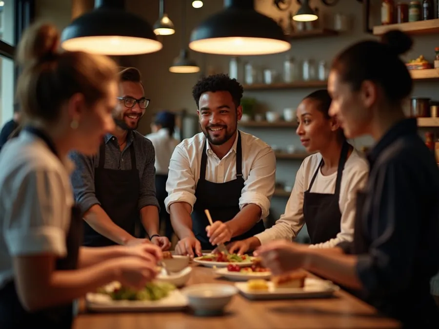Diverse restaurant team members in collaborative setting or service moment.