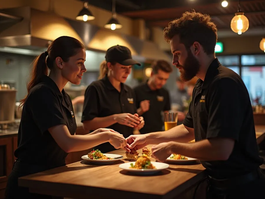 Diverse restaurant team members in collaborative setting or service moment.