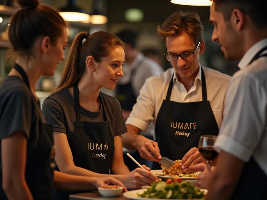 Restaurant team members in branded uniforms or aprons engaged in collaborative w.