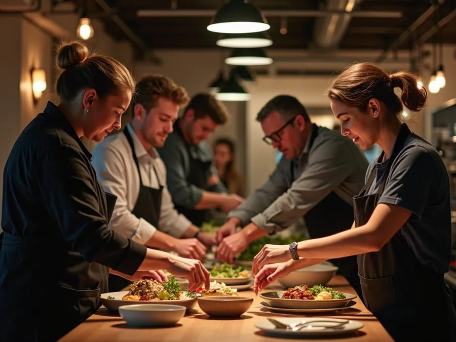 Diverse restaurant team members in collaborative setting or service moment.