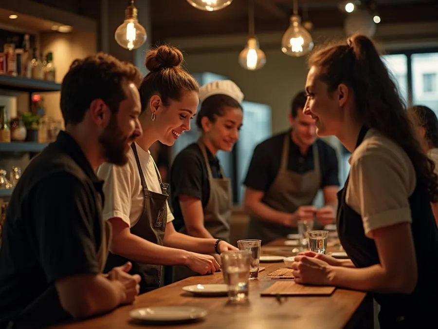Diverse restaurant team members in collaborative setting or service moment.