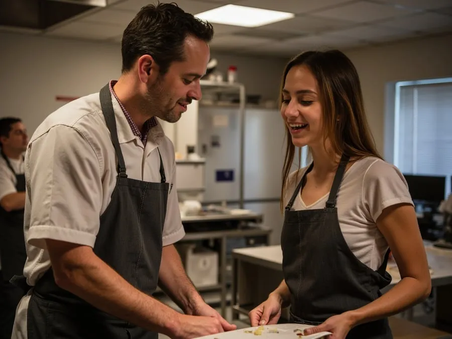 Training or mentoring moment with experienced staff member instructing newer tea.