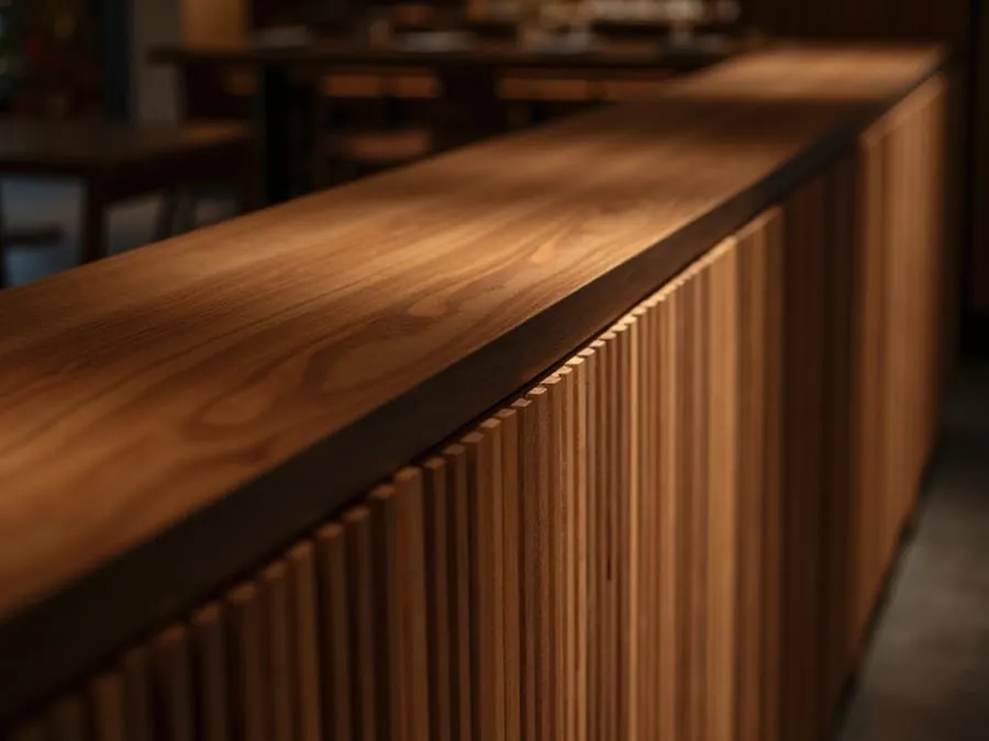 Detail of restaurant interior design element showing material quality and though.