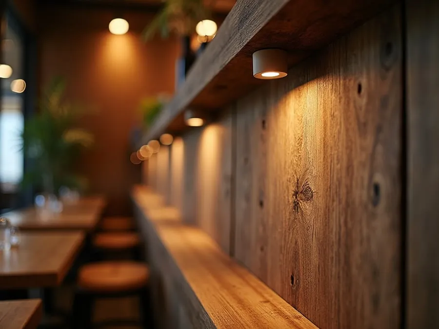 Detail of restaurant interior design element showing material quality and though.