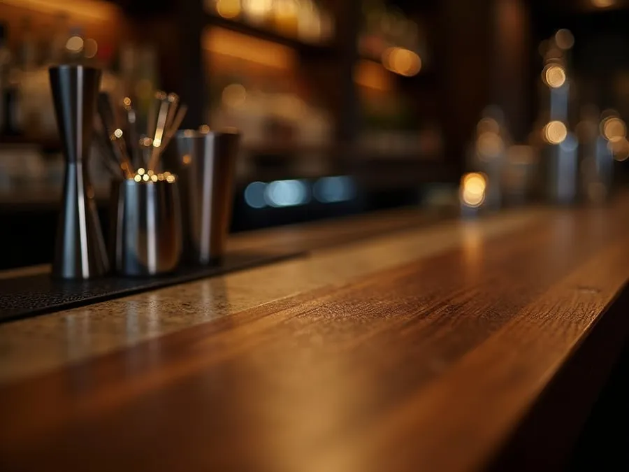 Close detail of bar counter surface showing material quality, finish, and crafts.