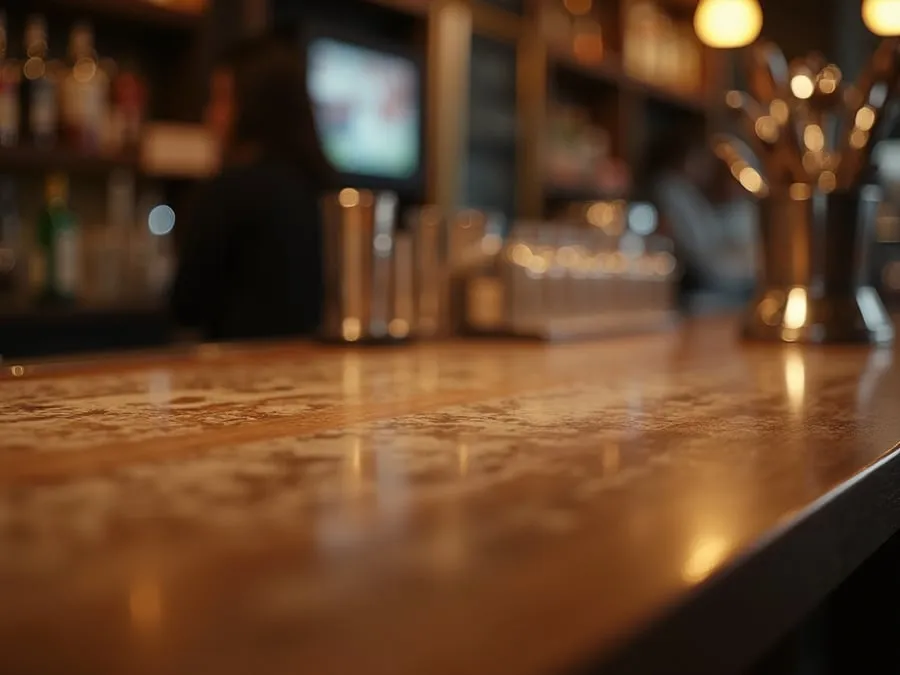 Close detail of bar counter surface showing material quality, finish, and crafts.