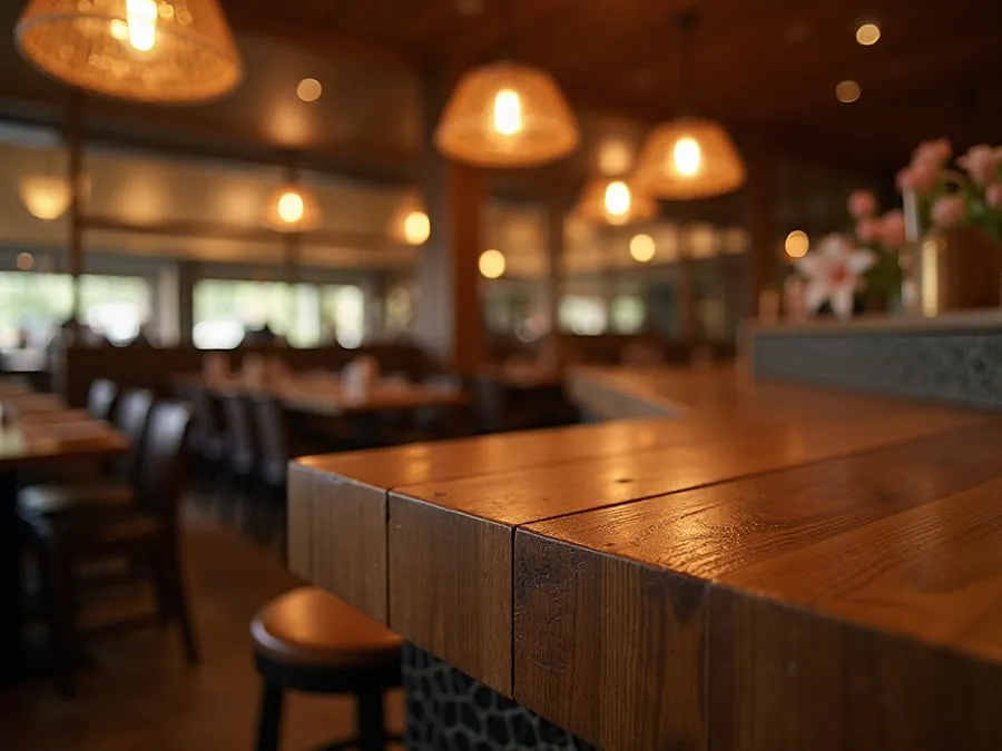 Detail of restaurant interior design element showing material quality and though.