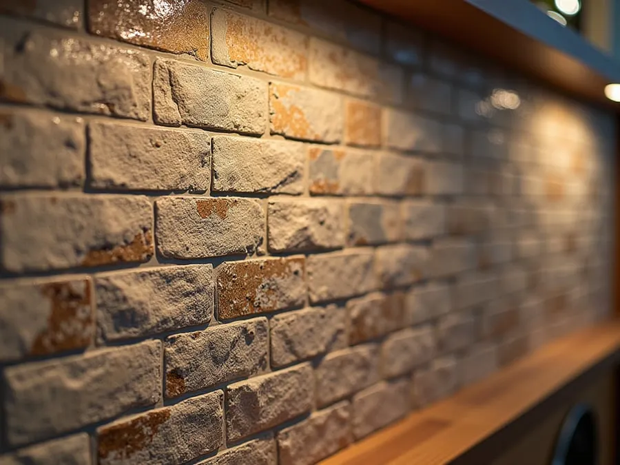 Close-up detail of restaurant material - tile, wood, stone, or textured finish -.