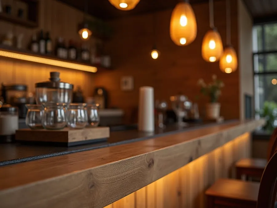 Detail of restaurant interior design element showing material quality and though.