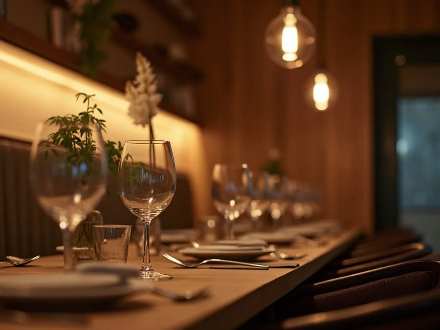 Detail of restaurant interior design element showing material quality and though.