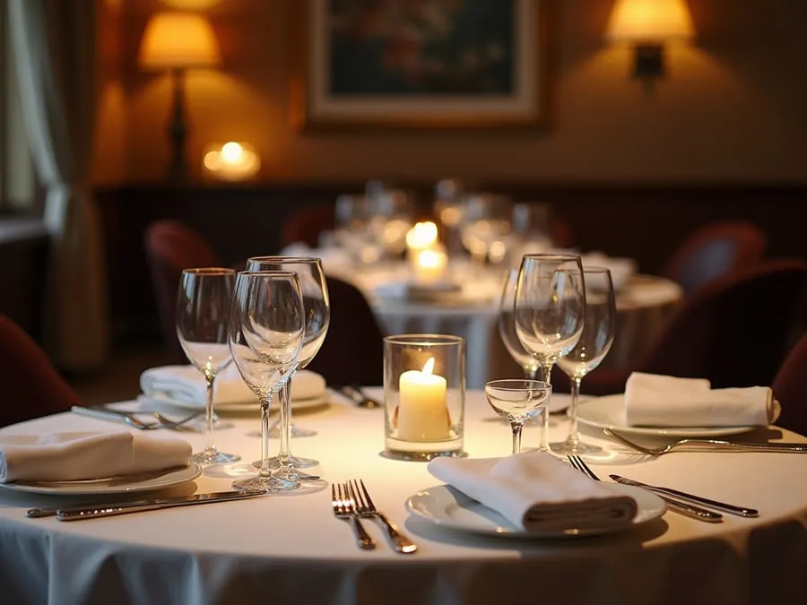 Restaurant table setting showing arrangement and spacing.