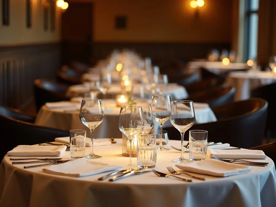 Restaurant table setting showing arrangement and spacing.