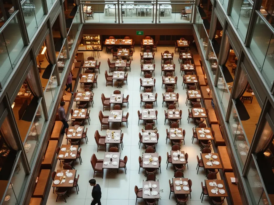 Overhead or elevated view of dining area showing table placement, traffic flow,.