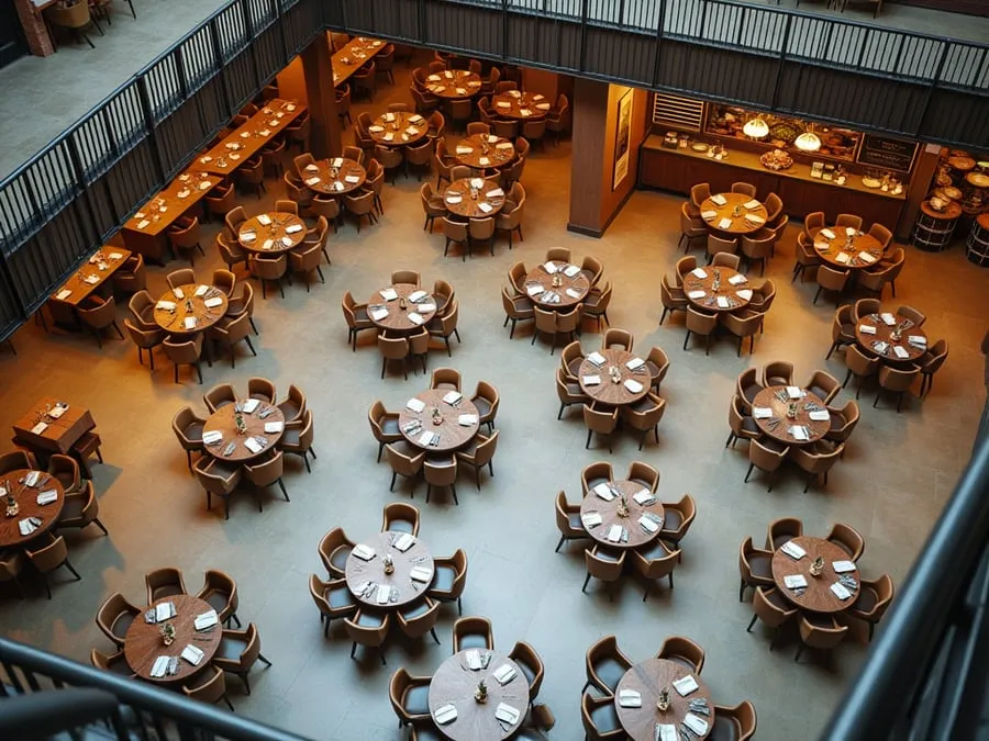 Overhead or elevated view of dining area showing table placement, traffic flow,.
