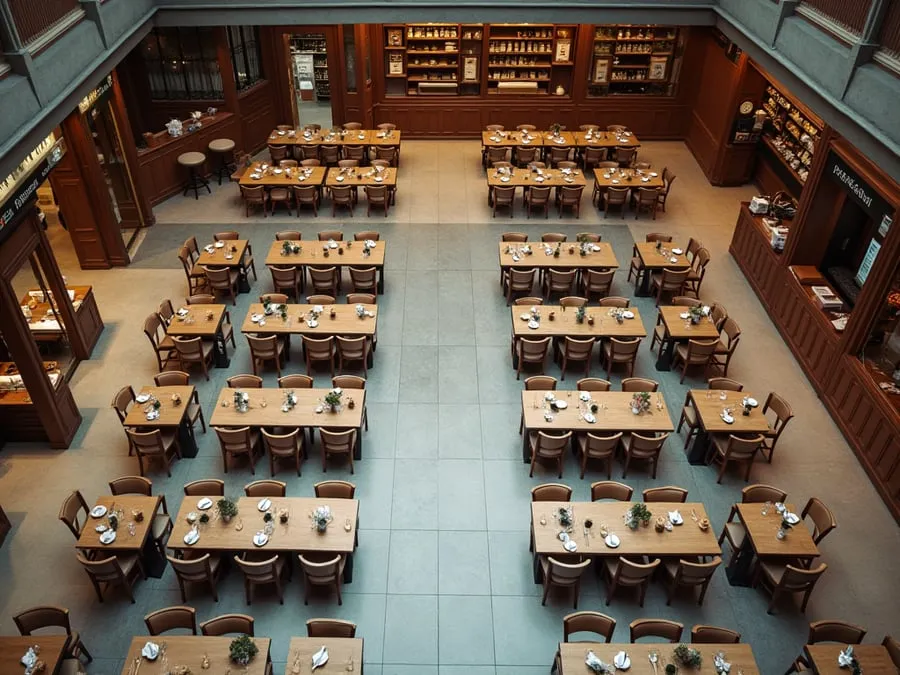 Overhead or elevated view of dining area showing table placement, traffic flow,.
