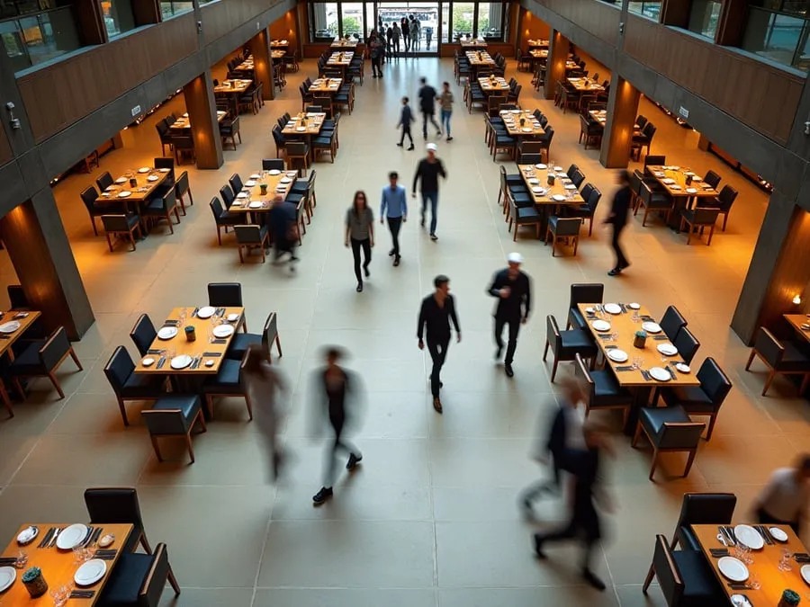 Overhead or elevated view of dining area showing table placement, traffic flow,.