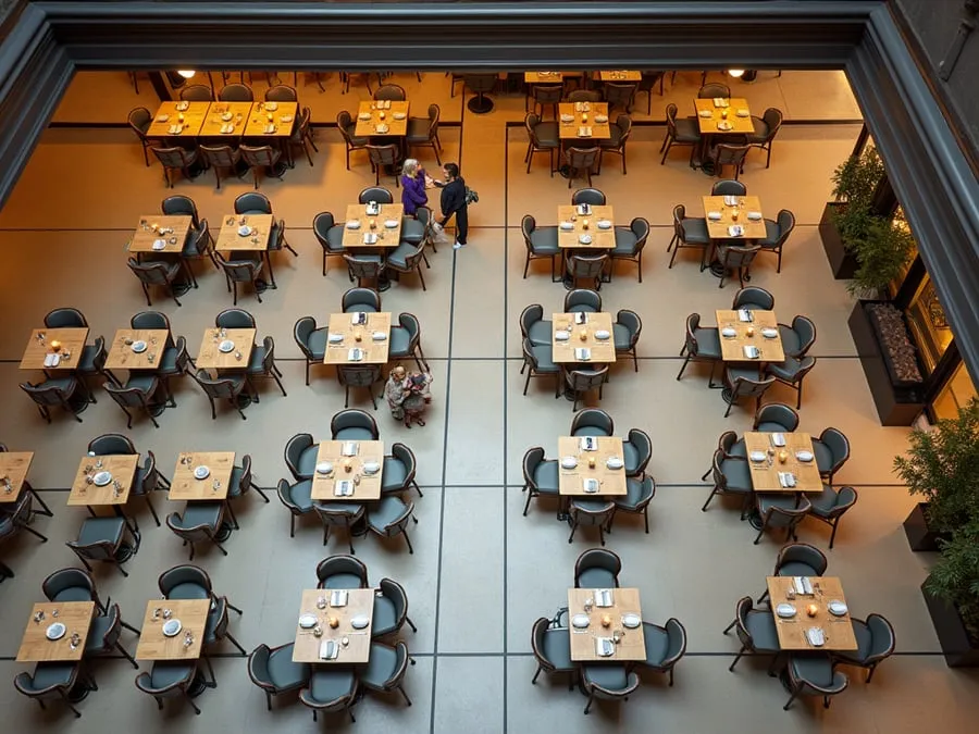 Overhead or elevated view of dining area showing table placement, traffic flow,.
