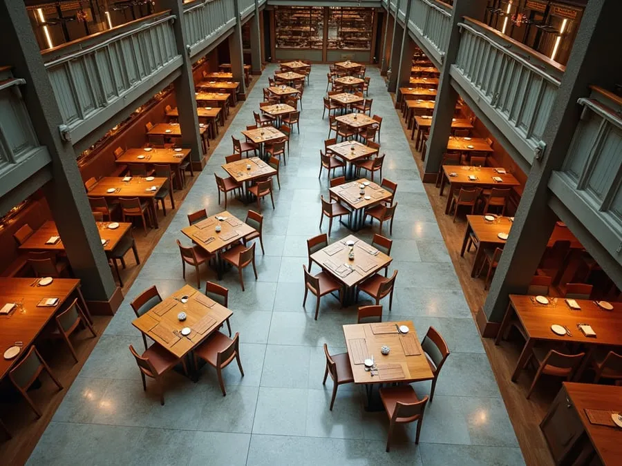 Overhead or elevated view of dining area showing table placement, traffic flow,.