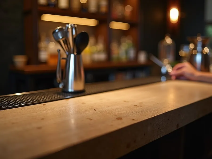 Close detail of bar counter surface showing material quality, finish, and crafts.