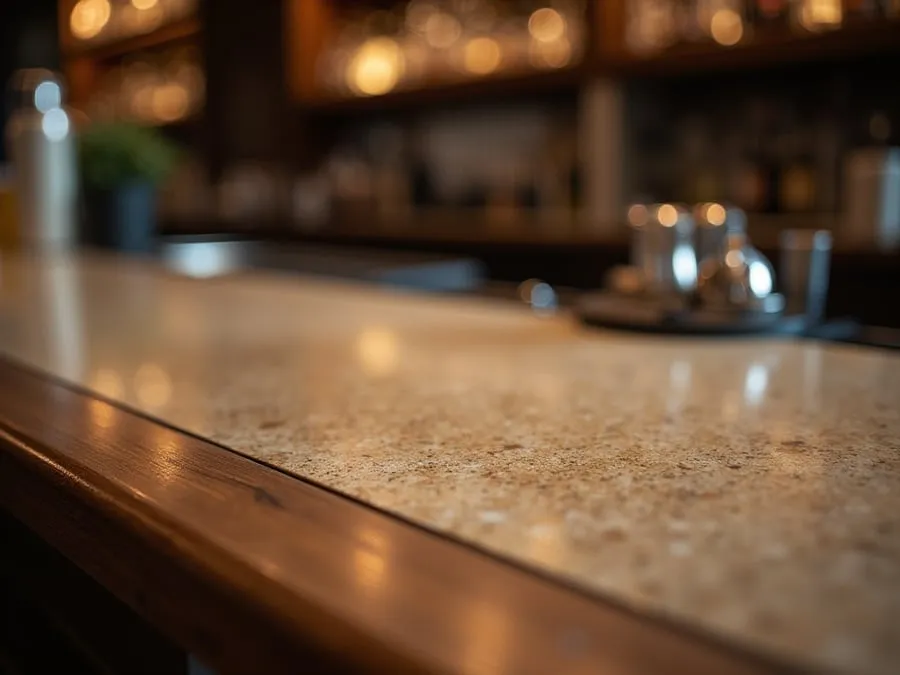 Close detail of bar counter surface showing material quality, finish, and crafts.
