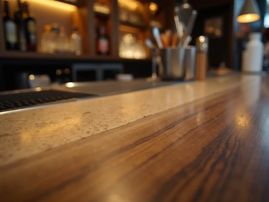 Close detail of bar counter surface showing material quality, finish, and crafts.