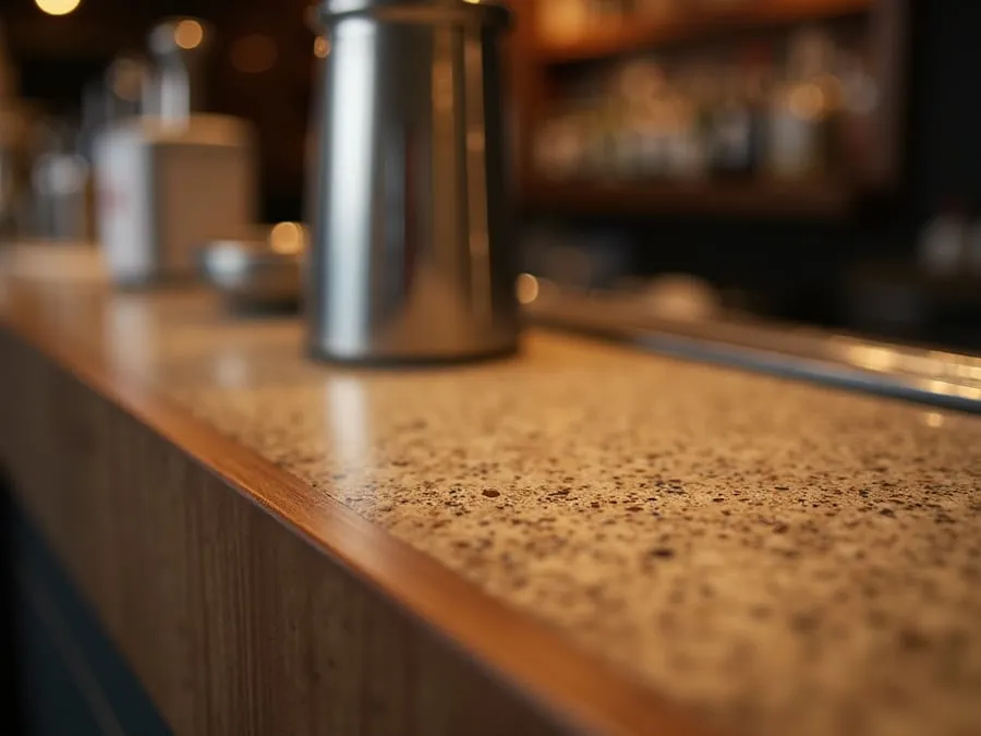 Close detail of bar counter surface showing material quality, finish, and crafts.