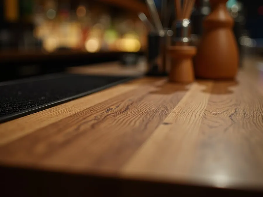 Close detail of bar counter surface showing material quality, finish, and crafts.