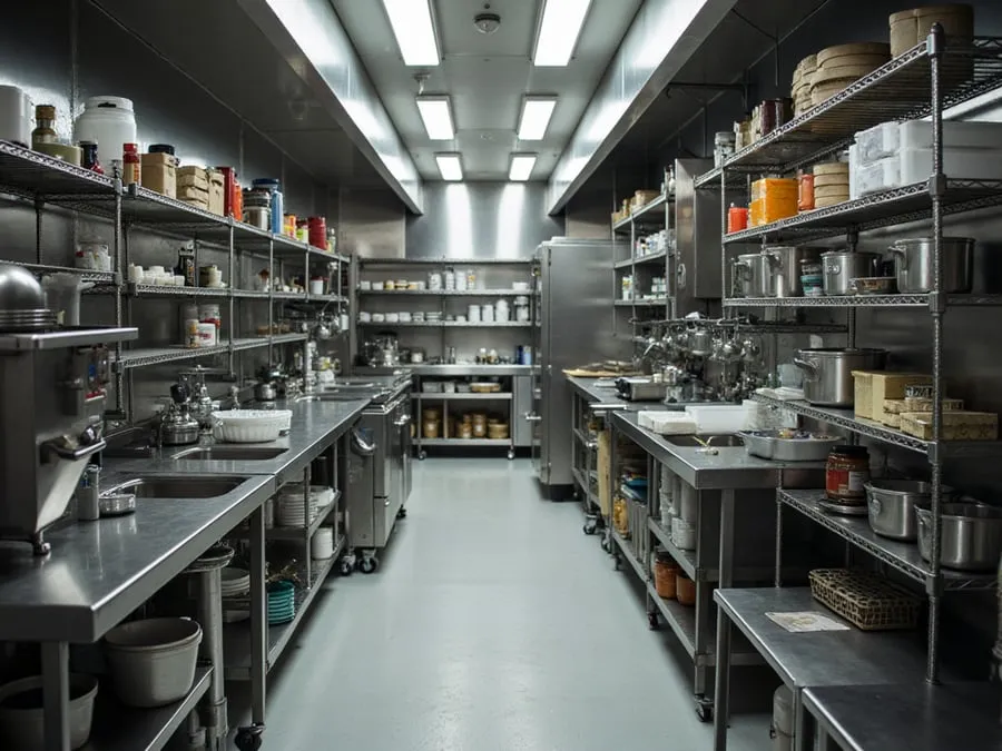 Detail of organized kitchen workspace showing equipment, storage, and workflow e.
