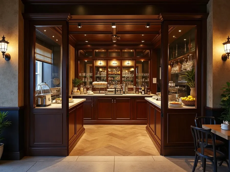Restaurant entrance or host stand area photographed to show welcoming design and.