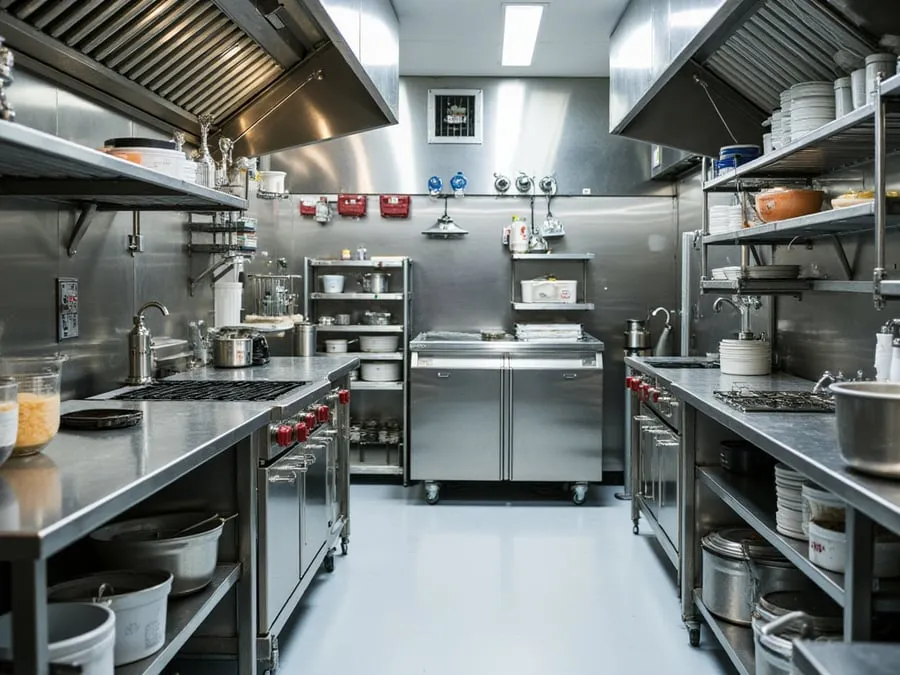 Detail of organized kitchen workspace showing equipment, storage, and workflow e.